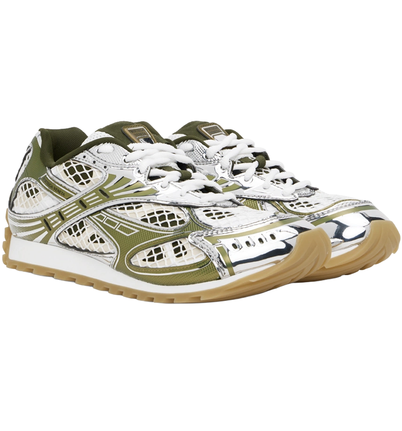BV Italian Designer Silver & Green Performance-Style Sneakers