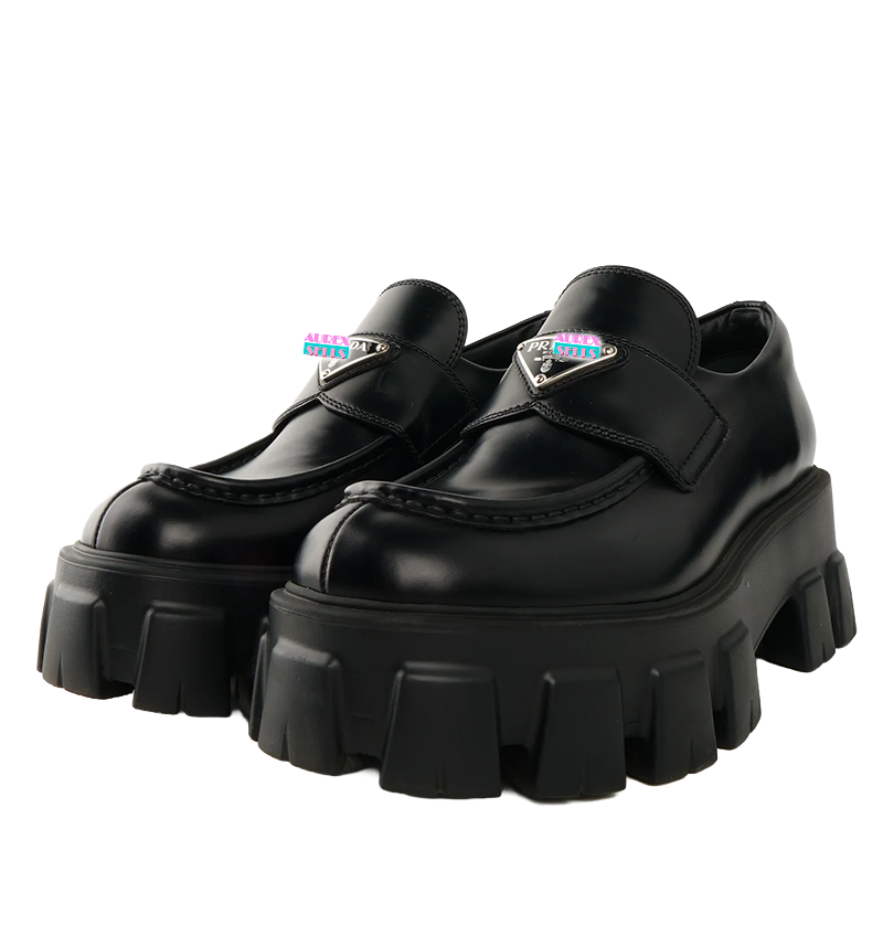PR4D4 Black Monolith Brushed Leather Loafers